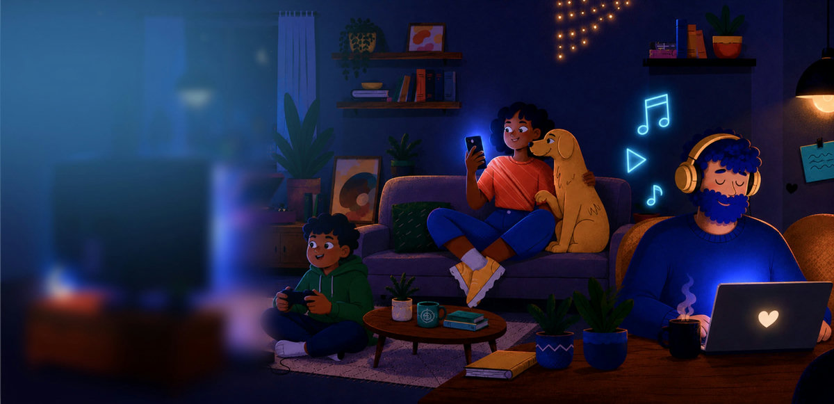 Família curtindo a noite em casa com internet Weclix